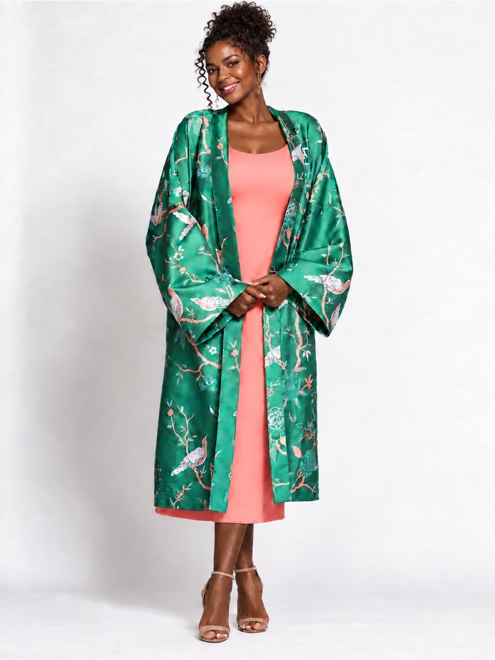 Green Polyester Floral & Bird Kimono-Style Jacket